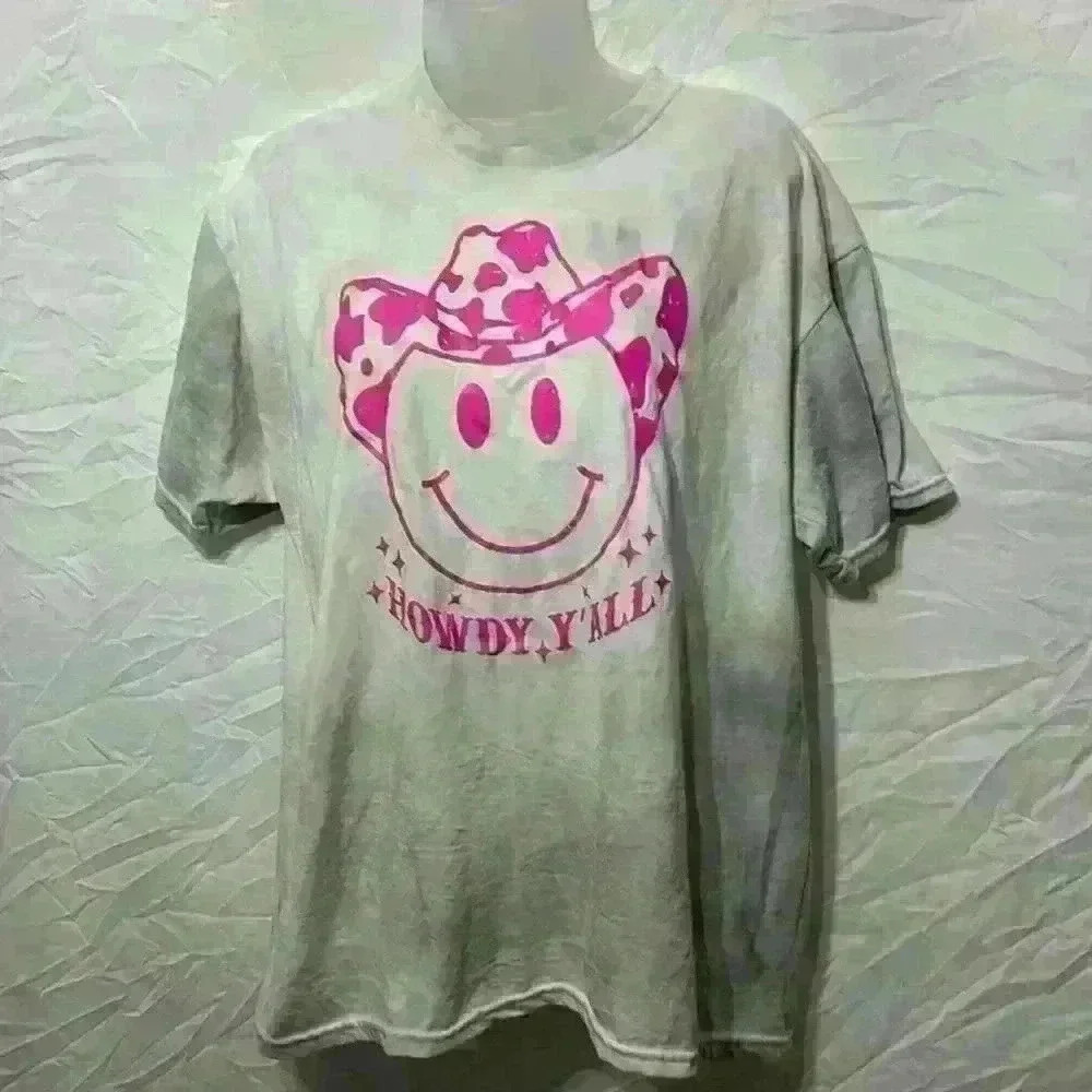 Howdy Y’all Smiley Cowboy Tie Dye Tee Size Large